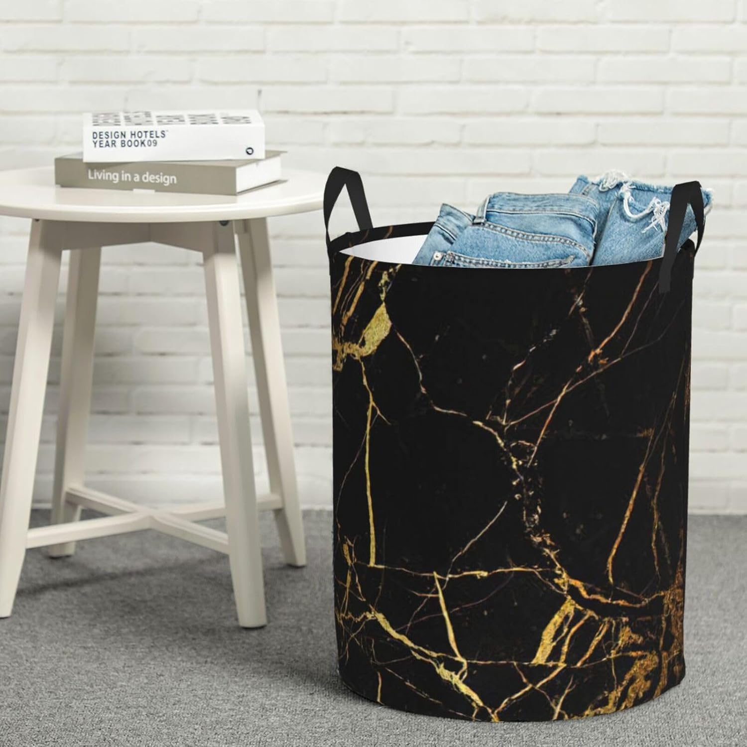 3D Stylish Gold Marbling Texture Print Foldable Laundry Hamper Circular Clothes Bin for Bedroom Bathroom Household Items