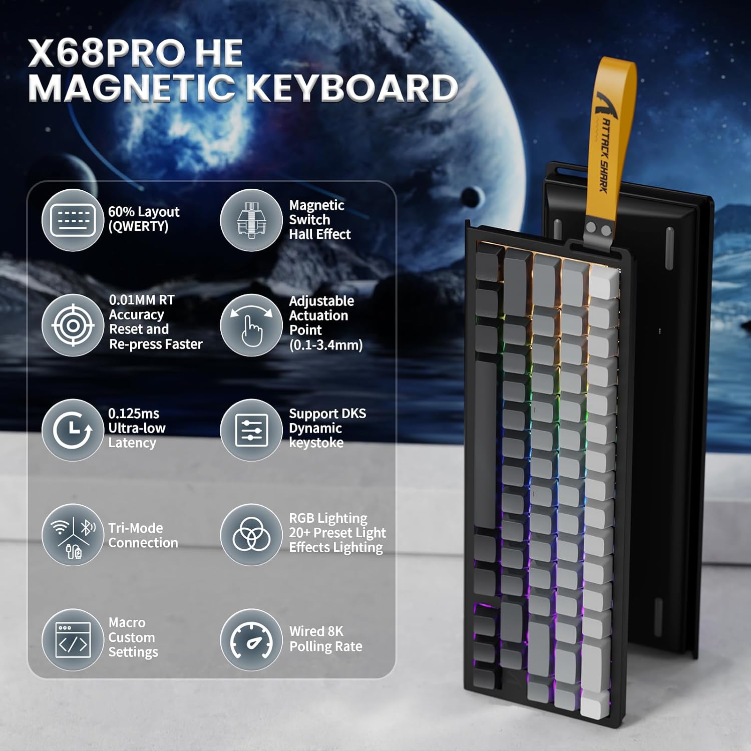 ATTACK SHARK X68PRO HE Rapid Trigger Wireless Keyboard, 0.01mm RT Accuracy 8000Hz Wired Gaming Keyboard, Adjustable Actuation, Snap Tap, RGB Backlit, Magnetic Switch, C01 Coiled Cable -Black Gradient