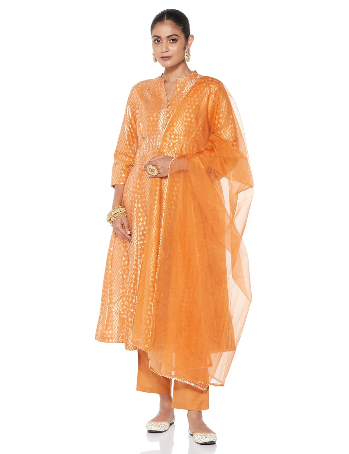 Amazon Brand – Myx Women’s Embroidered Anarkali Kurta Set with Organza Dupatta in Chanderi Blend | Available in Plus Sizes