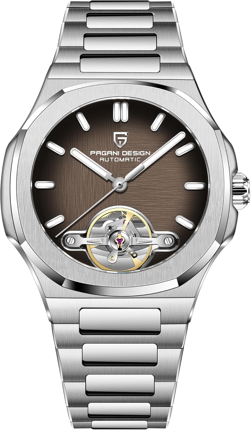 TYBERLEY Pagani Design Men's Mechanical Watch Skeleton Tourbillon Full Stainless Steel AR Sapphire Mirror Waterproof Elegant Men's Automatic Watch