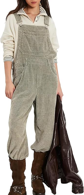 Songling Women Casual Corduroy Overalls Adjustable Straps Baggy Pants Wide Leg Bib Romper Jumpsuits with Pockets