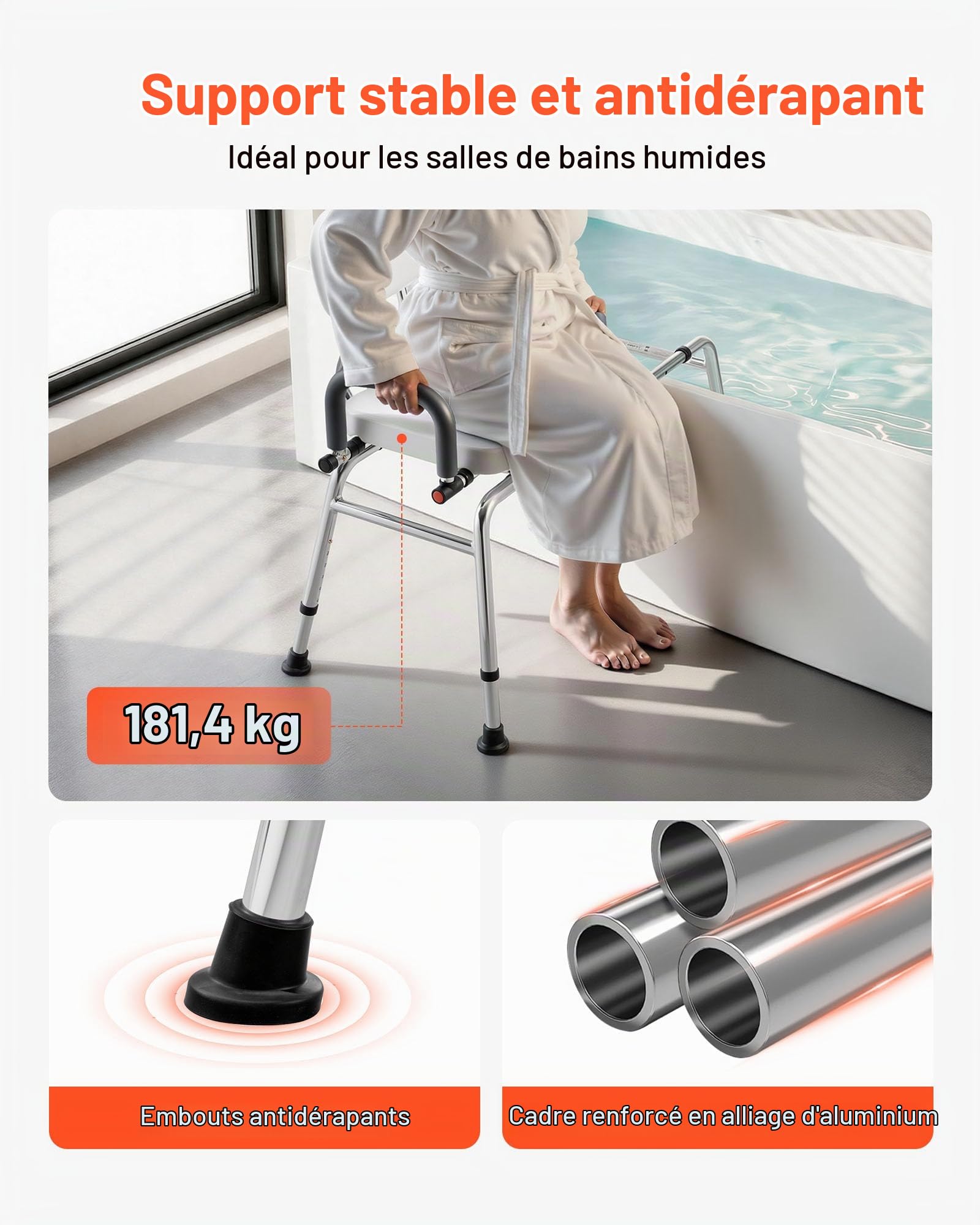 VEVOR Chaise de Baignoire Coulissante, Siège de Transfert pour Baignoire Pivotant, Capacité 180 kg, Accoudoirs et Dossier, pour Adultes, Personnes Âgées et Handicapés, Hauteur et Largeur Réglables