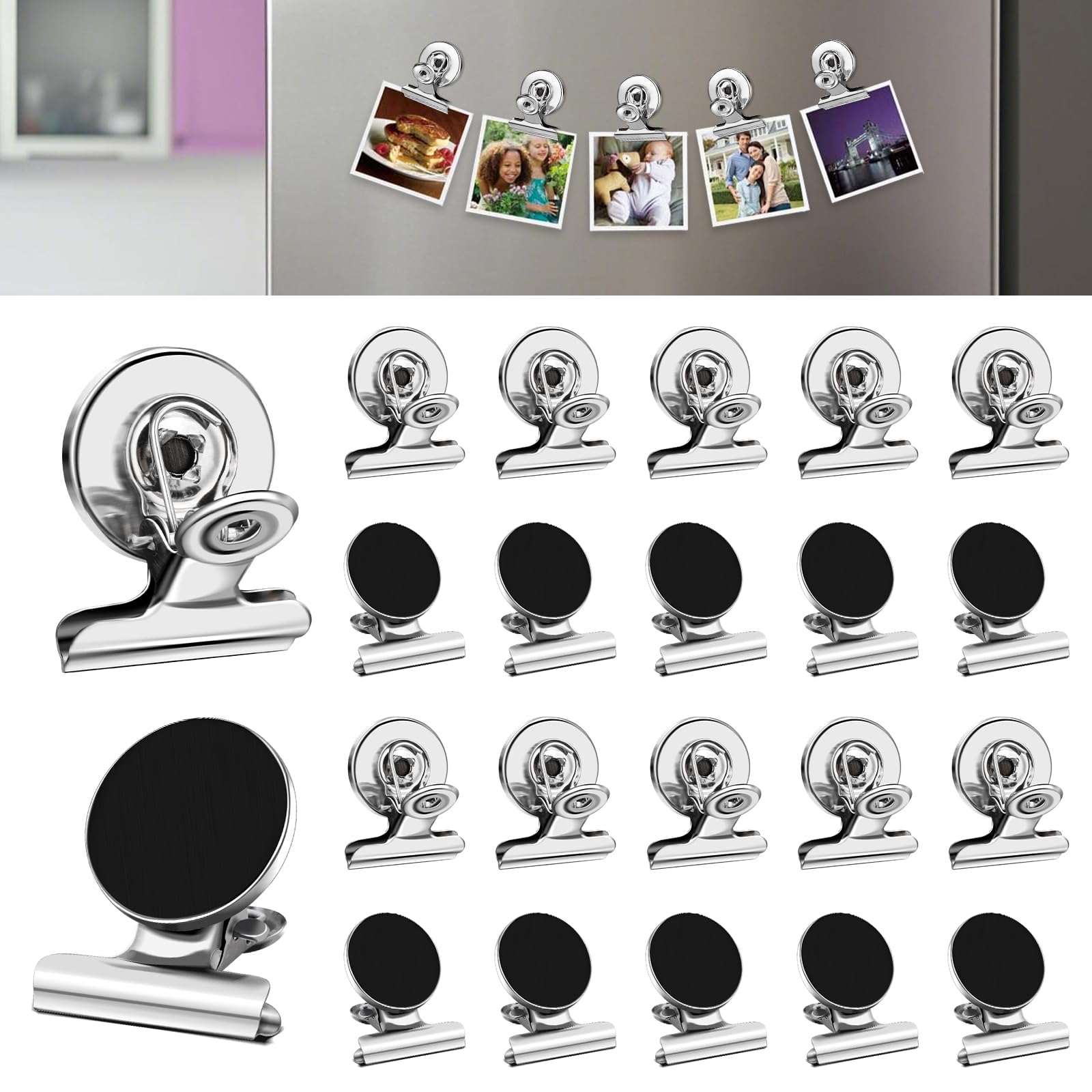 DIYMAG Hanging Photo Magnetic Clips, 20 Pack Fridge Magnets Heavy Duty Holder Party Graduation Collage Picture Display DIY Clip for Refrigerator Home Whiteboard Office Locker Classroom Silver