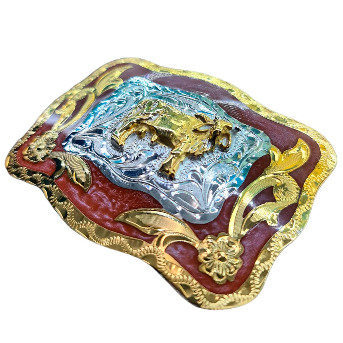 Western Buckles Square Bull Model with 24K Gold Plated, .925 Silver Plated and Brown Resin