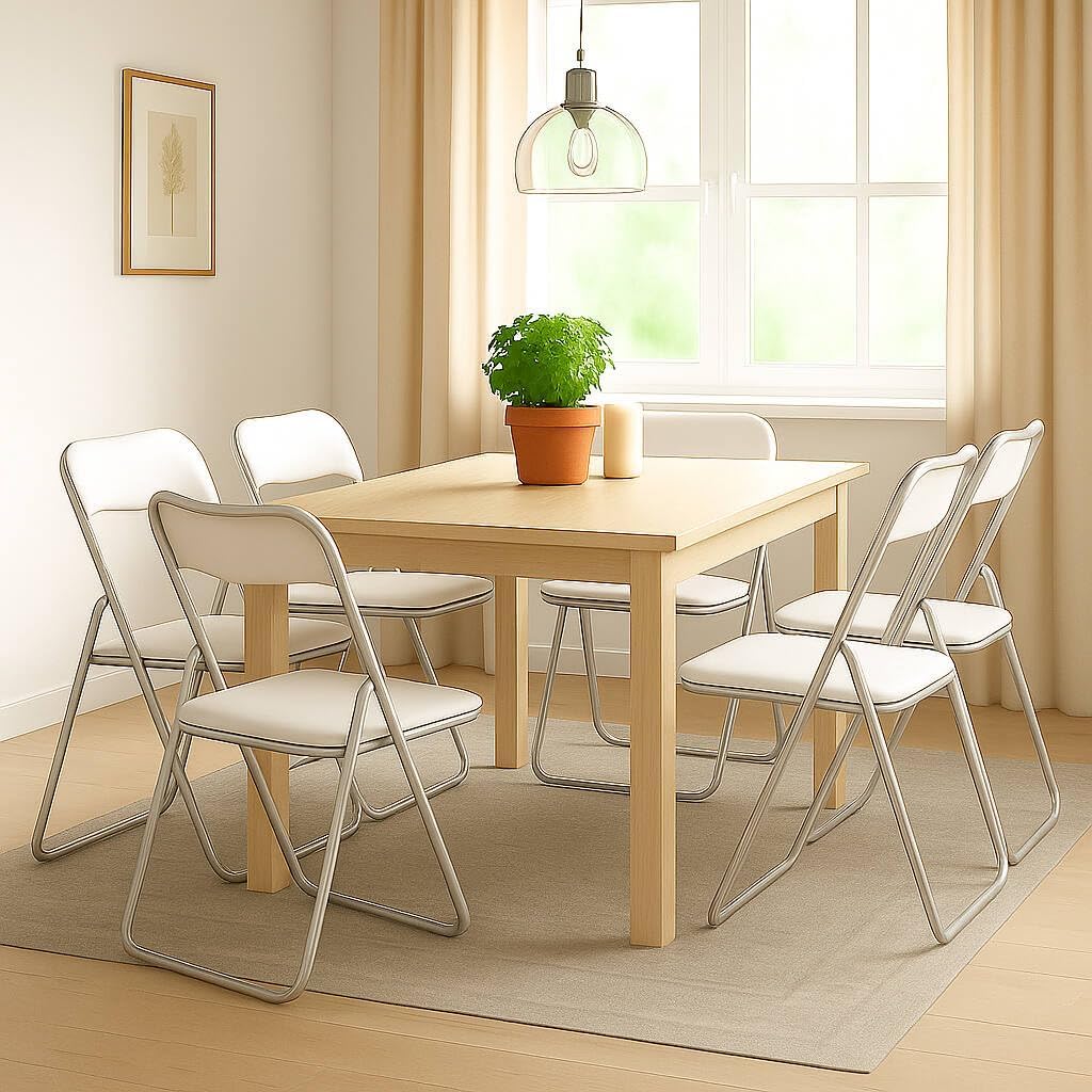 Dmora - Set di 6 sedie pieghevoli Marbella, Poltrona salvaspazio, Sedia per ospiti, Seduta per riunioni in simil ecopelle, 43x47h80 cm, Bianco