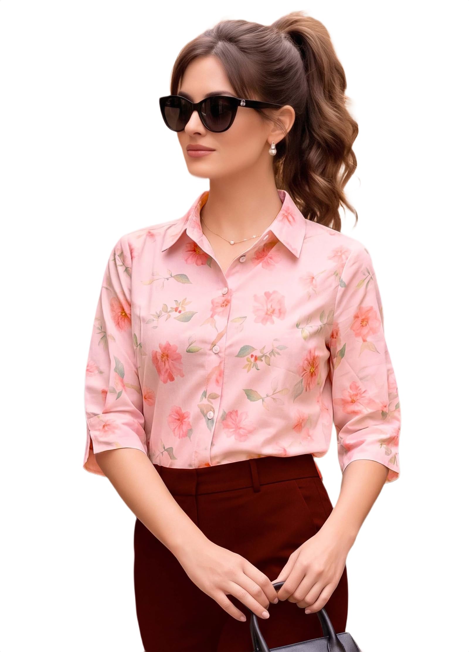 Women’s Floral Printed Button Down Shirt || Casual Short Sleeve Pink Shirt Top||Office Wear-picture-37