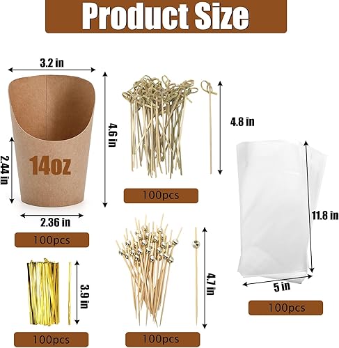 Miniatura 2 de Lawei Paquete de 100 vasos de papel kraft para papas fritas de 14 onzas, desechables, soporte para papas fritas para llevar, para fiestas,