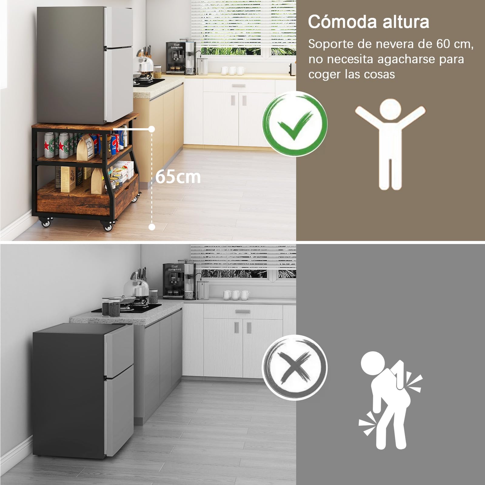 PUNCIA Soporte de 3 Niveles para Mini Nevera Mueble Estante de Frigorífico con Ruedas Organizador Móvil con Cajón Plataforma para Refrigerador Cocina Salón Oficina