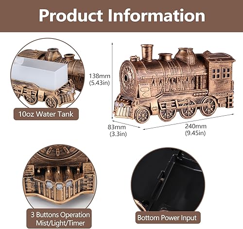 Miniatura 5 de Humidificador de tren con difusor de aceite esencial, humidificador de tren de niebla fría de 10.1 fl oz para dormitorio, 2 modos de luz nocturna de