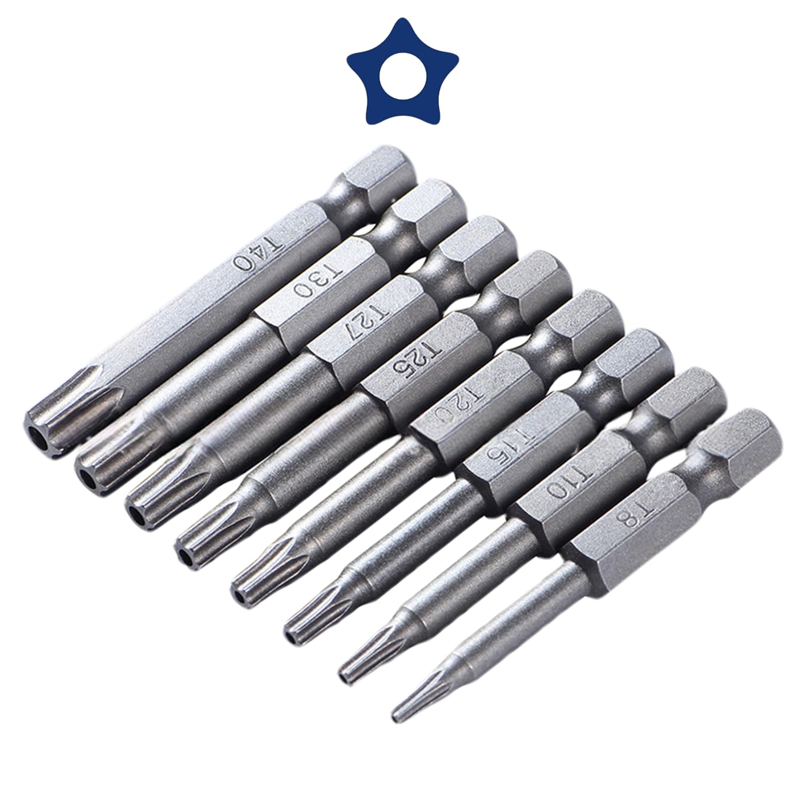 8 Pcs Plum Blossom Screwdriver Bits, 1/4" Shank, 50mm Metric Hex Key Screwdriver Bits, Chrome Vanadium Steel Material, T8 T10 T15 T20 T25 T27 T30 T40