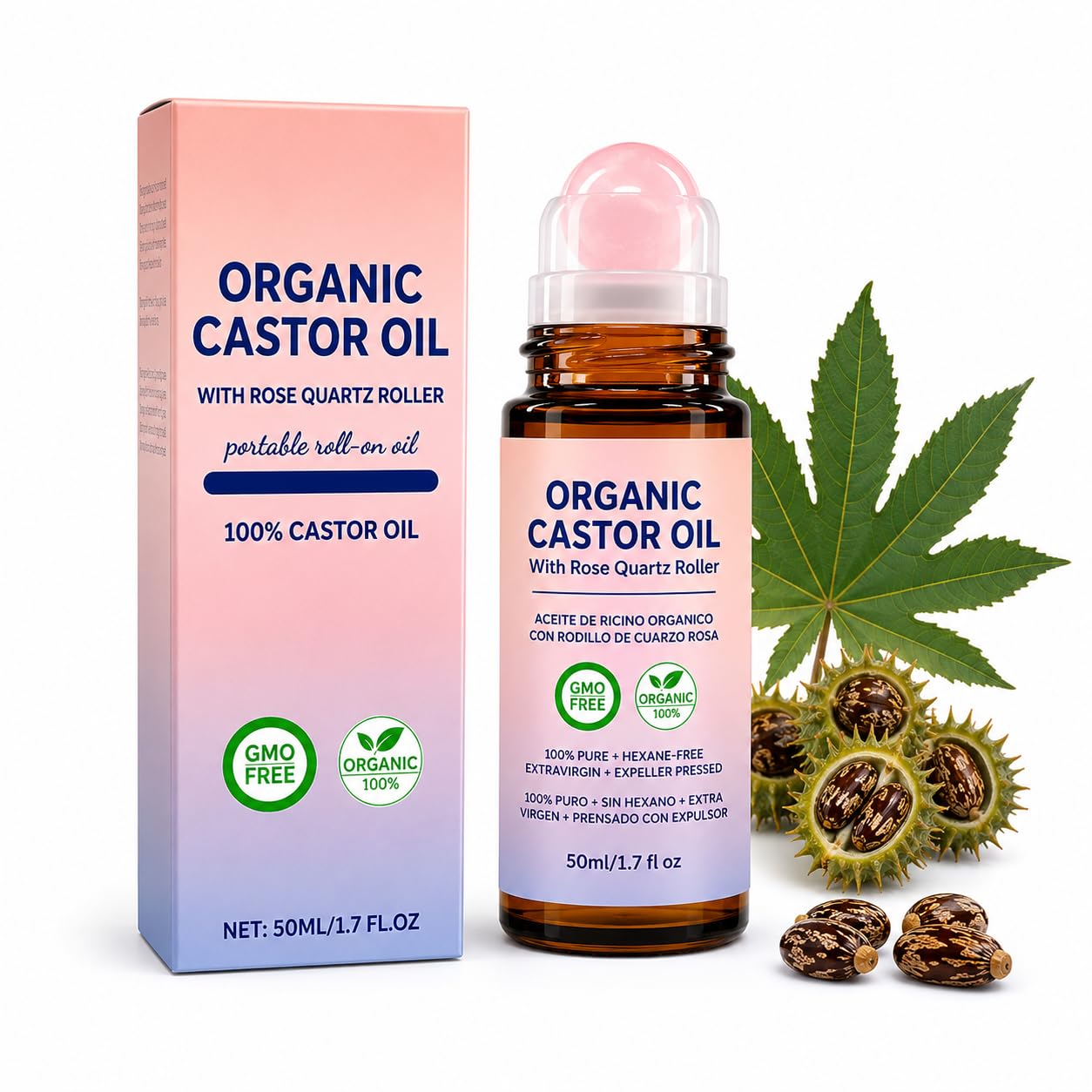 Castor Oil Roll On for Hair, Brows and Skin, Rose Quartz, 1.7 Fl Oz 1.7 Fl Oz (Pack of 1)