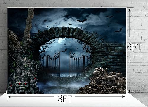 Miniatura 9 de AIIKES Telón de fondo de fotografía de Halloween de 7x5 pies para Halloween, noche, cementerio, horror, noche, cerca, puerta de hierro, cráneo,