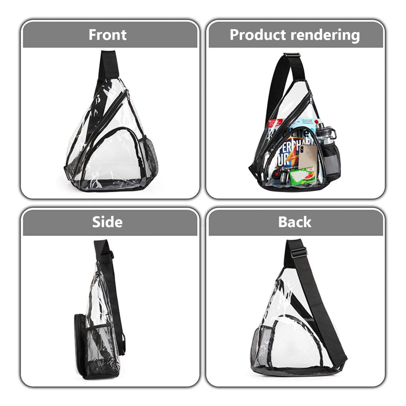 Sac à écharpe Transparent Stadium Approuvé Hommes Femmes PVC Sac à Poitrine Clear épaule Sac à Dos avec Poche de Bouteille d'eau et Sangle réglable pour Les Sacs d'épaule du Stade de Concert