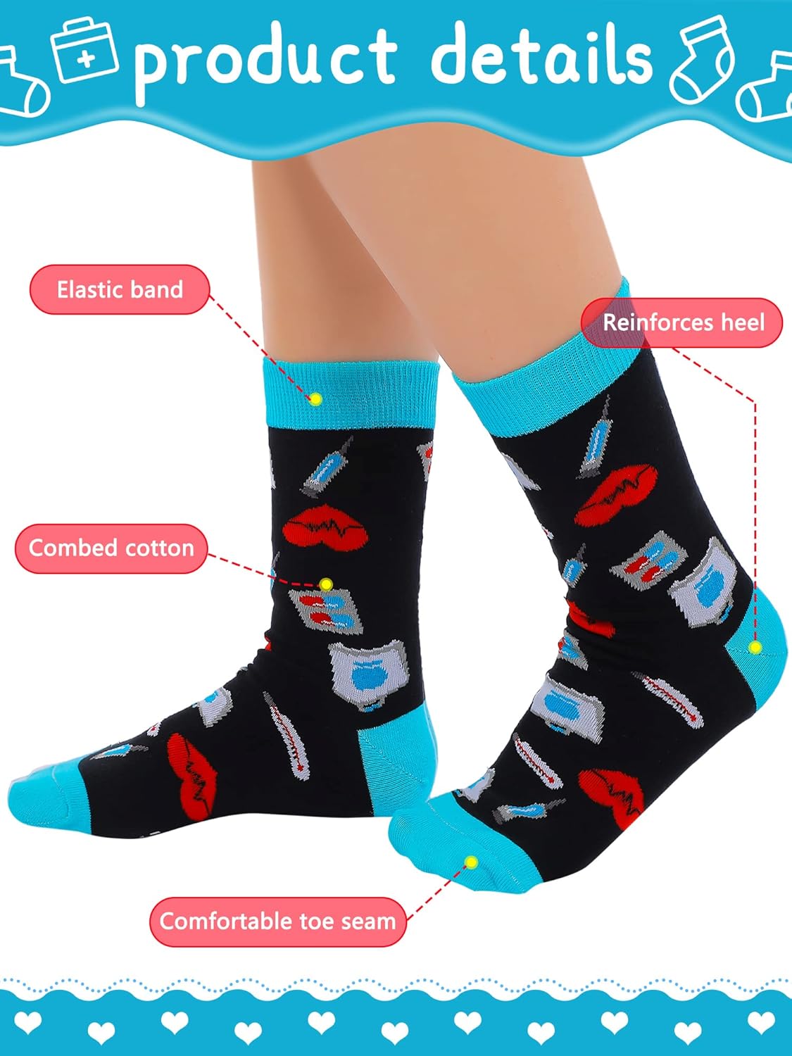 Hoolerry 6 Pairs Valentine Nurse Socks Nurses Gifts for Women Doctor Casual Novelty Healthcare Workers Rn Bsn Dentist Medical - Image 6
