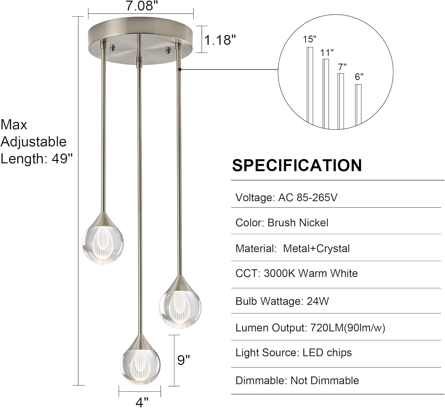 3-Light Teardrop Crystal Pendant Light, Dimmable LED Crystal Globe Hanging Light Fixture, Modern Ceiling Pendant Lighting for Kitchen Island Dining Room Bedroom Bar 3000K 24W Brush Nickel