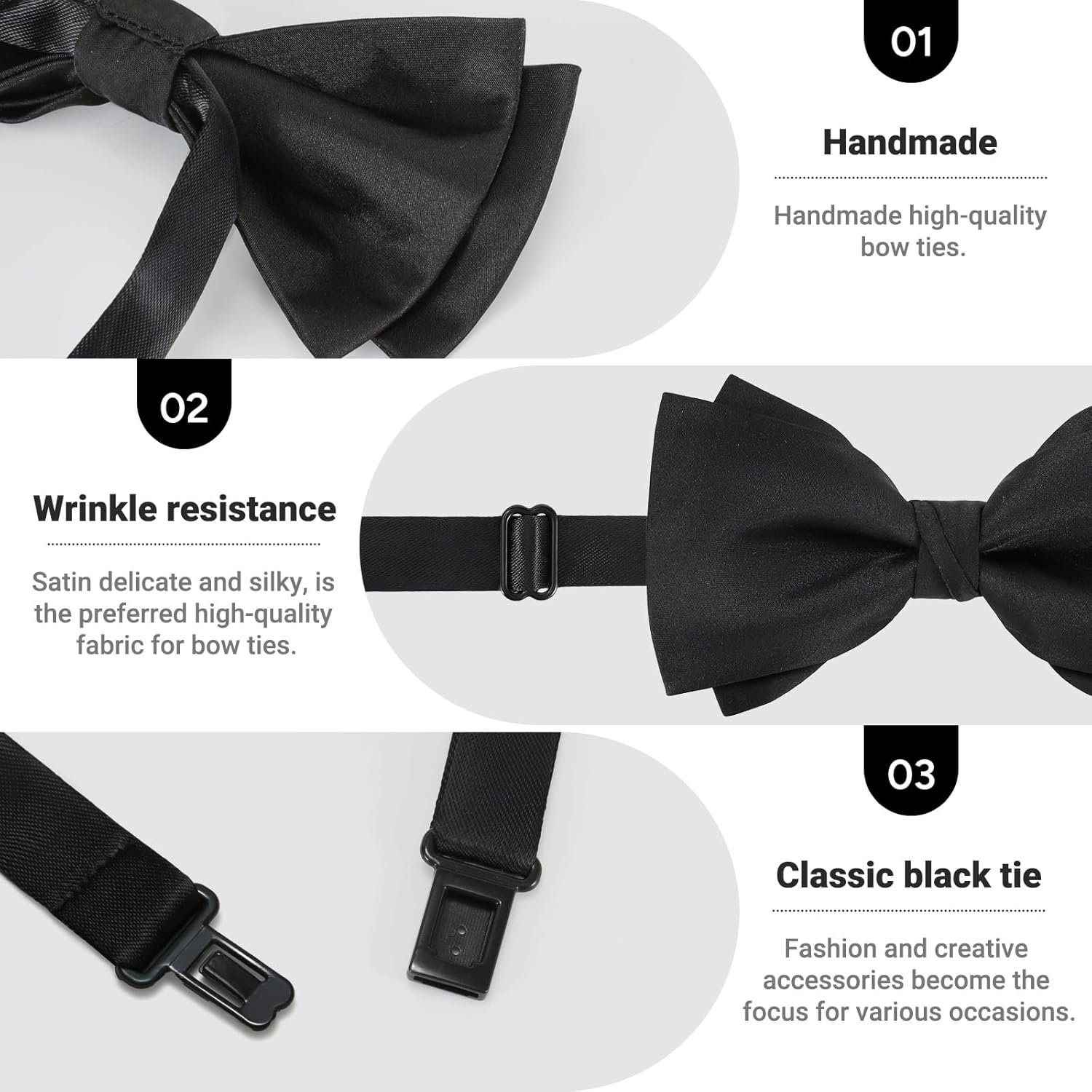 Mens Black Bow Tie Matte Satin Silk Adjustable Solid Pre-tied Bow Ties for Men with Gift Box