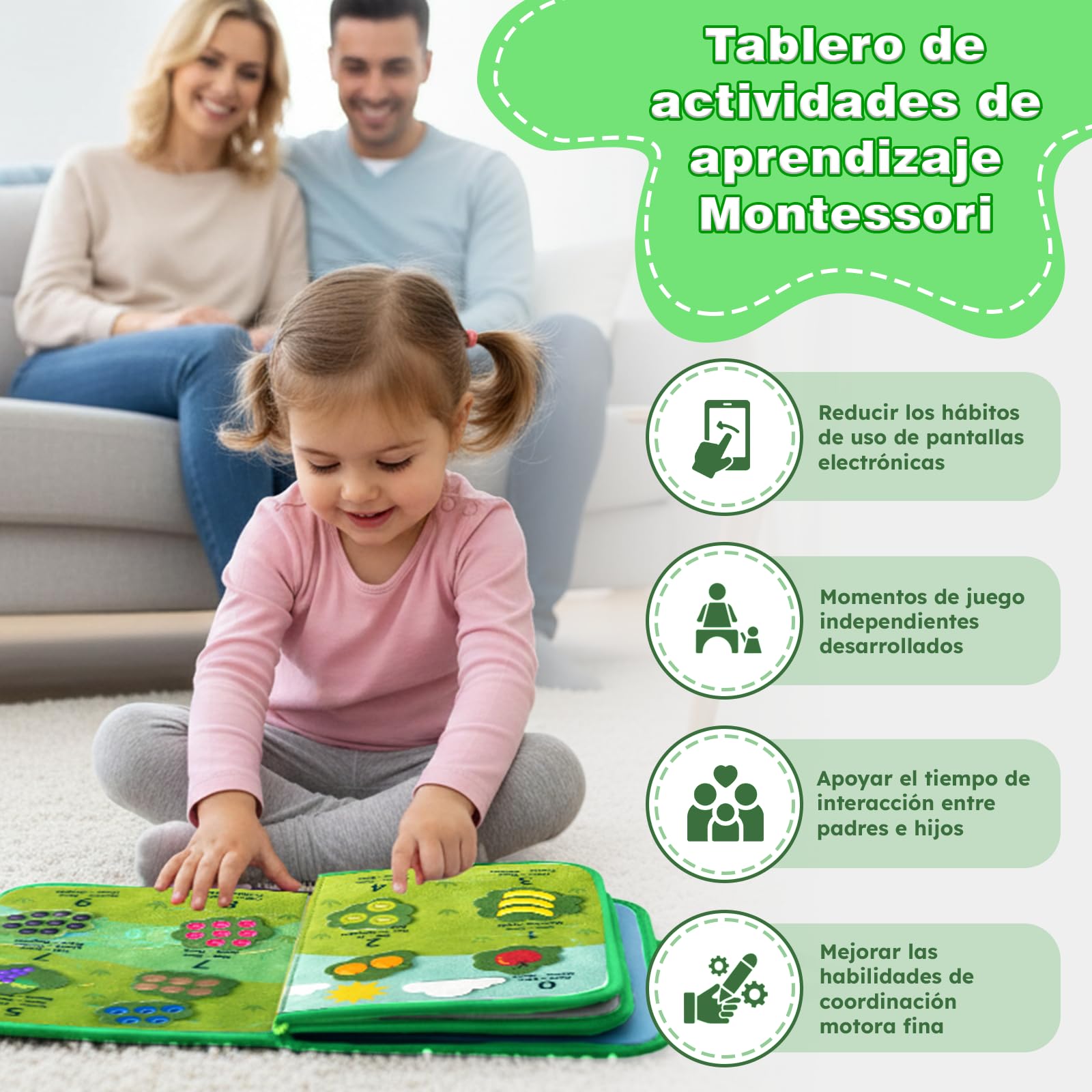 Busy Board Montessori Dwujęzyczne zwierzęta z dżungli hiszpański/angielski - zabawka sensoryczna dla niemowląt - Książka Montessori 3 lata filcu- Edukacyjna tablica Montessori z drobną motoryką