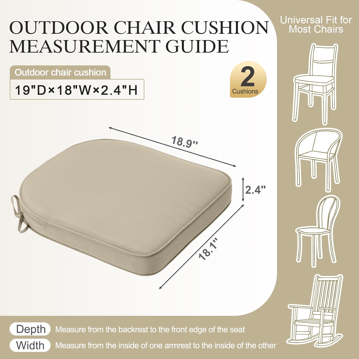 BPS 18 x 19 Inch Outdoor Chair Cushion Set of 2, Fade-Resistant and Water-Resistant Solution-Dyed Polyester Fabric Patio Chair Cushions with Straps for Outdoor/Indoor Dining Chairs