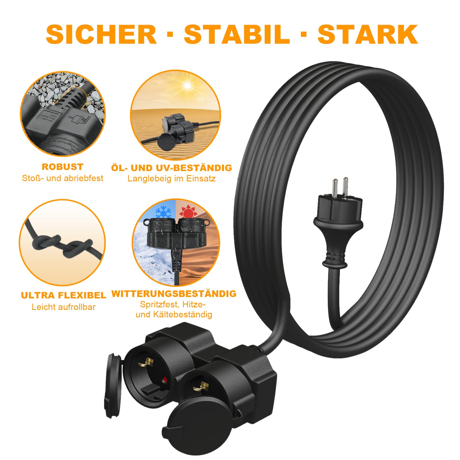 Cavo di prolunga per esterni, 15 m, con 2 prese Schuko, doppia prolunga in gomma, 3500 W, con tappo di protezione per esterni, IP44, cavo di alimentazione H05RR-F 3G1,5 mm² con doppia presa, 16 A/250