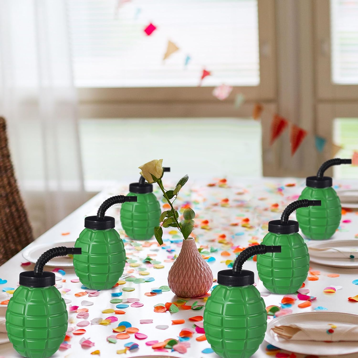 Tanlade Army Birthday Party Camo Party Supplies Grenade Cups with Straws and Lids, 10 oz Plastic Grenade Shape Cup Reusable Cups Bulk for Army Soldier Camouflage(24 Pcs)