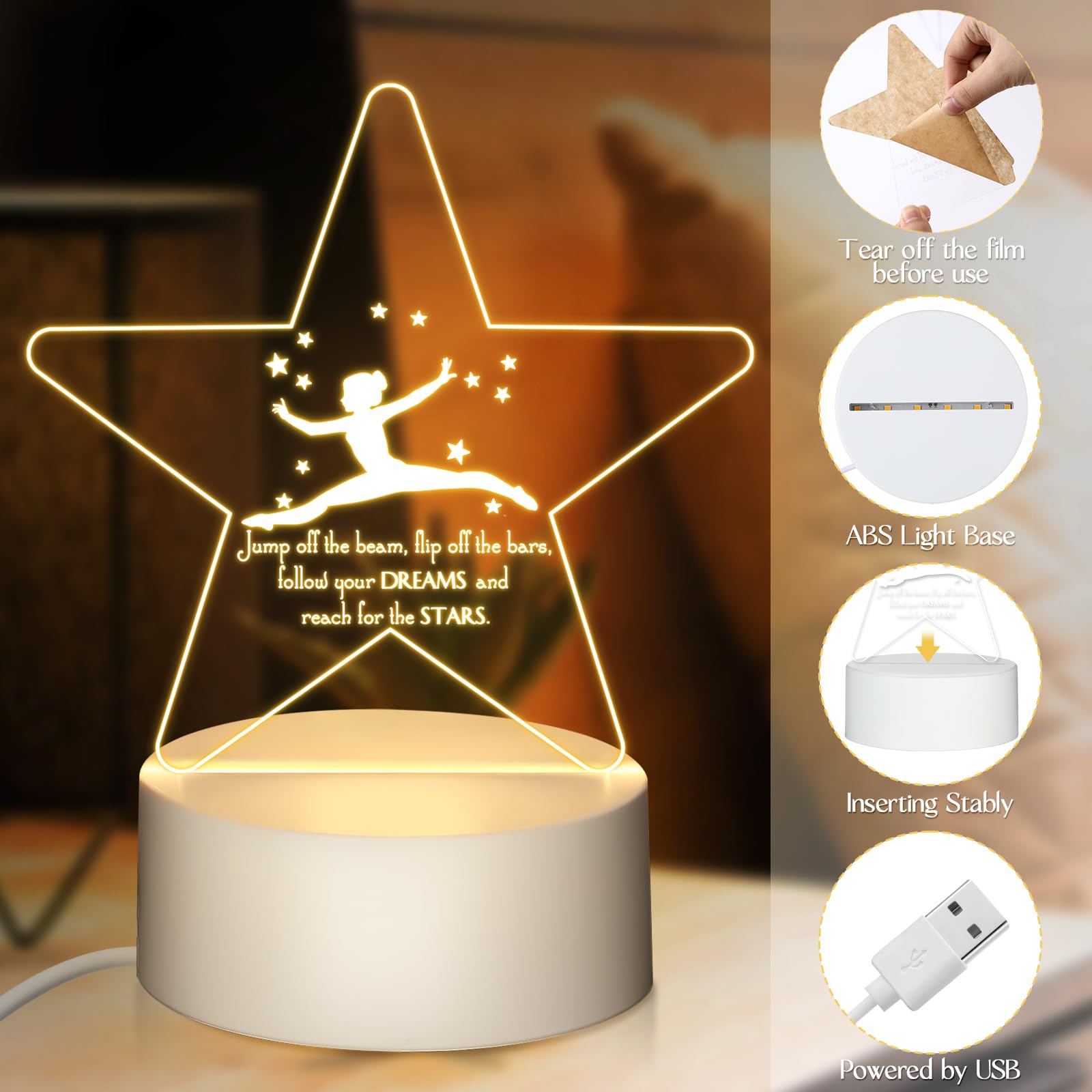 12 pz Ginnastica Stuff Regali 3D Luce Notturna con Base Inspirational Acrilico Apprezzamento Ginnastica Lampada LED per Studenti Danza Laurea Ginnasta Regali Team
