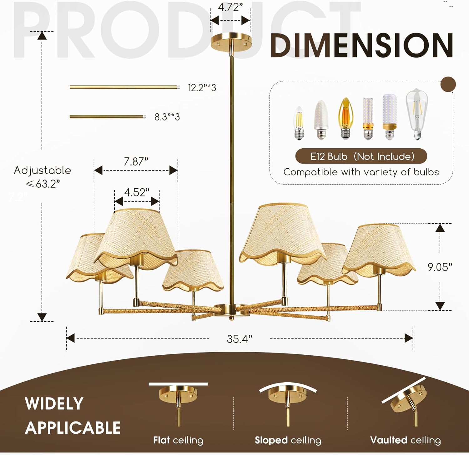 6-Light Farmhouse Chandelier 35.4" Boho Rattan Chandelier with Height Adjustable Dining Room Chandelier for Kitchen Island, Living Room