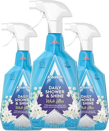 Astonish Daily Shower Shine - Spray de limpieza de lirios blancos, paquete de 3 unidades, espuma de espray para después de la ducha, evita marcas de