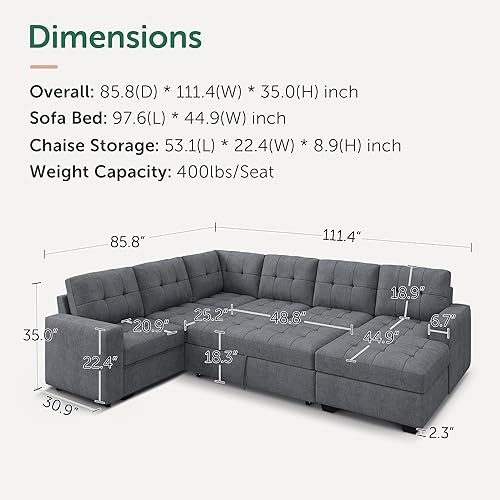 Miniatura 2 de HONBAY Sofá cama seccional, sofá cama con diván de almacenamiento, sofá modular con cama extraíble para sala de estar, gris azulado