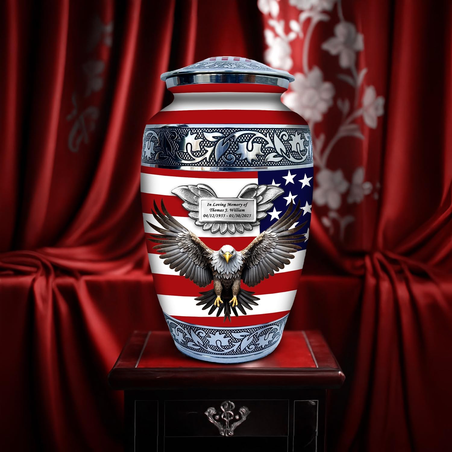 AMERICURN Custom Engraved Plaque for American Flag Urn – Personalized Aluminum Name Plate for Cremation Urn for Ashes Adult Male – Elegant 3x1 Inch Memorial Tag with Double-Sided Tape – Silver Finish