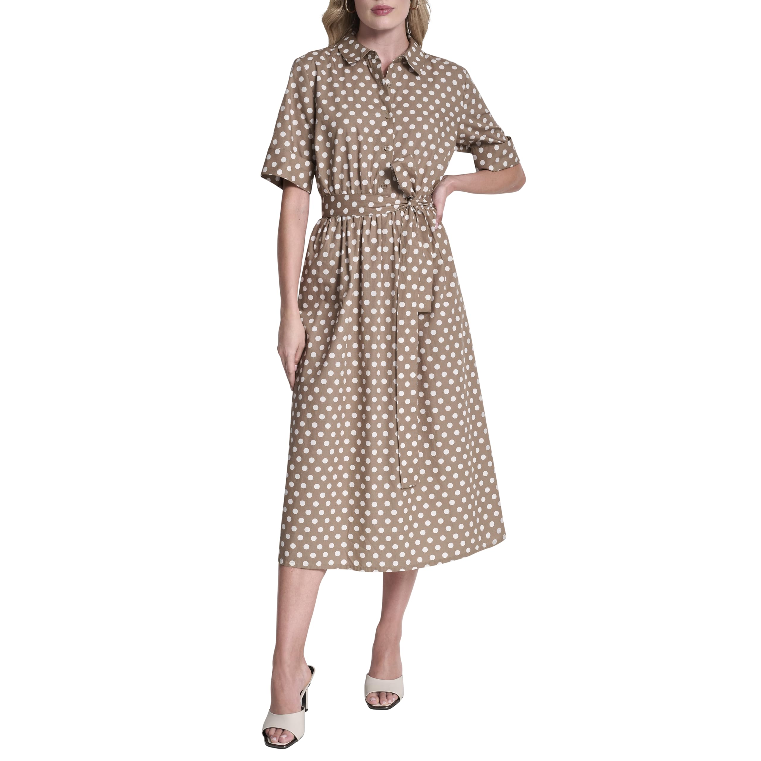 DKNY Women's Short Sleeve Cotton Poplin Collared Midi Shirtdress