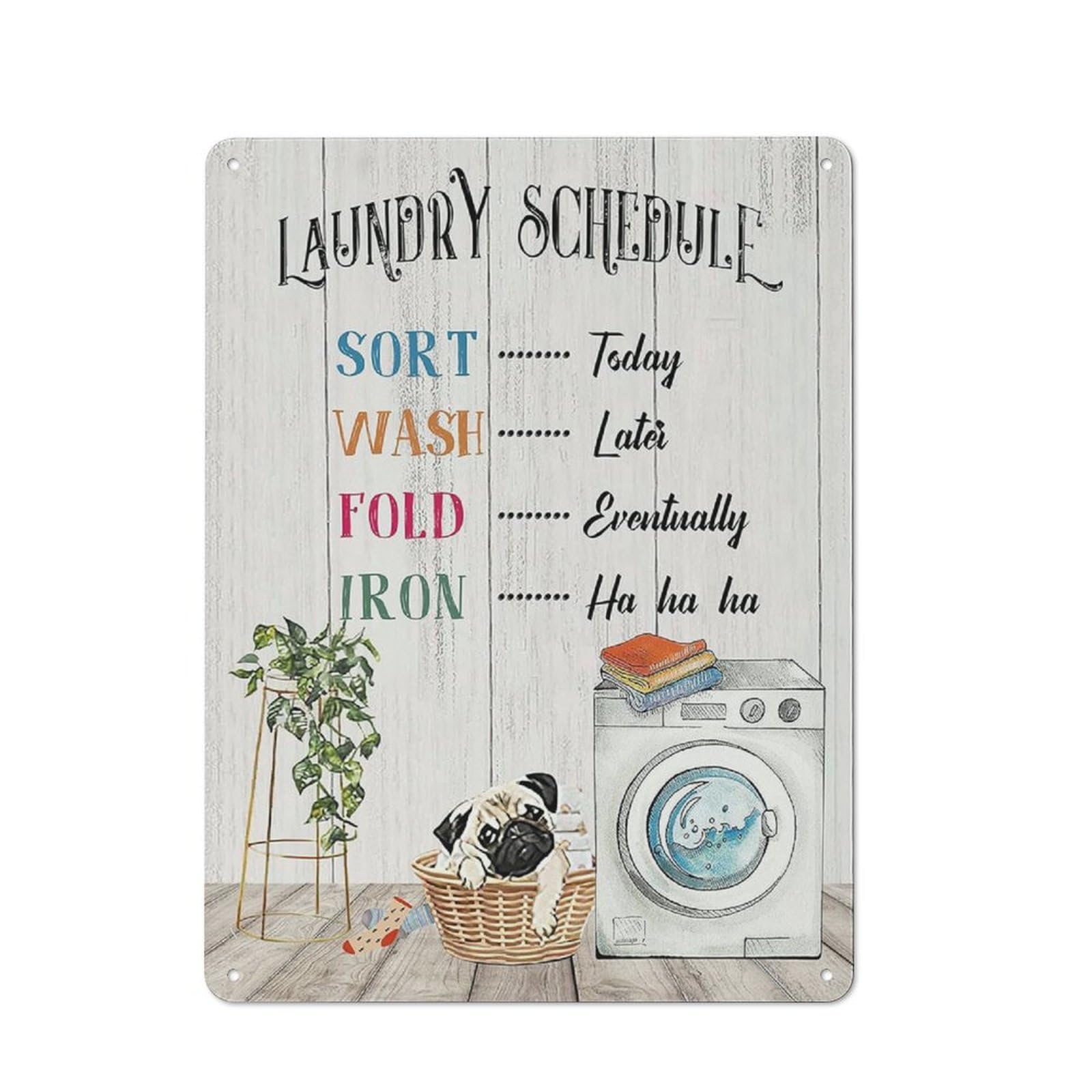 Rustic Metal Tin Sign, Farmhouse Laundry Room Rule Wall Art, Bulldog Pattern Printed Sign, Practical Household Ornament for Bathroom Space, 12x8 Inch