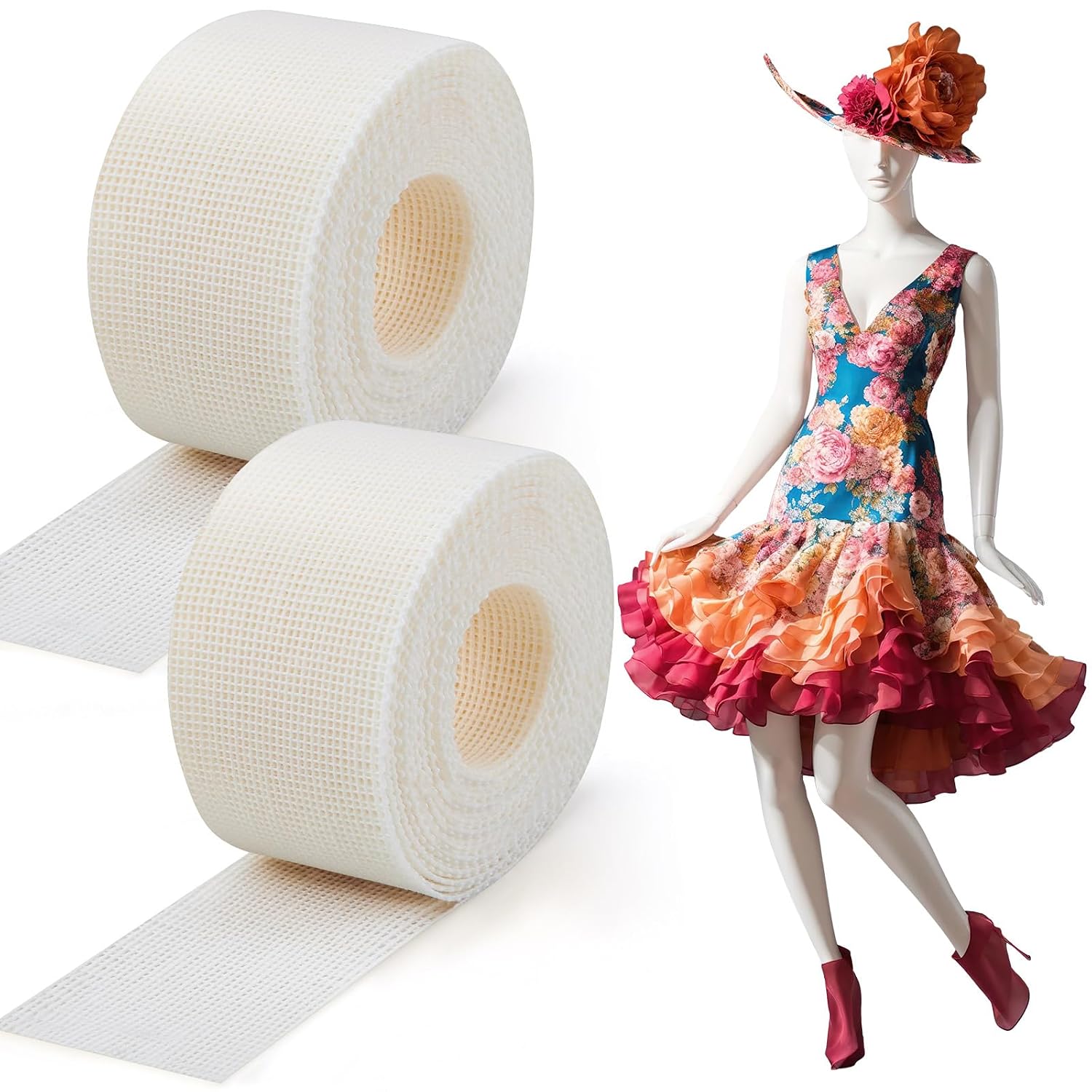 Threlaco 2 Rolls 6.5 Yards Fishbone Hem Tape for Sewing, Ban Roll Tape 1.37 Inch Width, Narrow and Curved Sewing Guide Forchiffon, Silk, Nedding Veils, Dresses, Skirts and Thin Fabrics