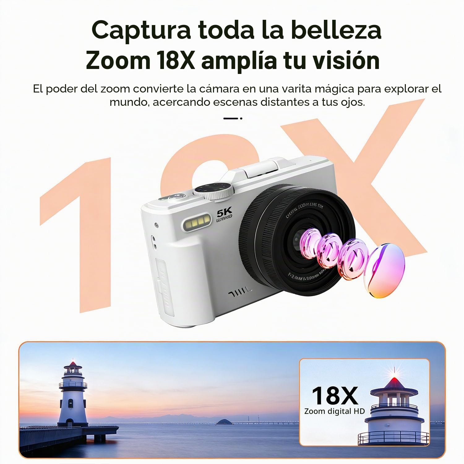 Optinexo 5K Digital Compact Camera, Cámara Digital Compacta 5K con Pantalla Flip y Zoom Digital 16X, Cámara Vlogging Portátil, Cámara de Fotos y Vídeo para Viajes y Creadores (Negro, Sin Tarjeta)