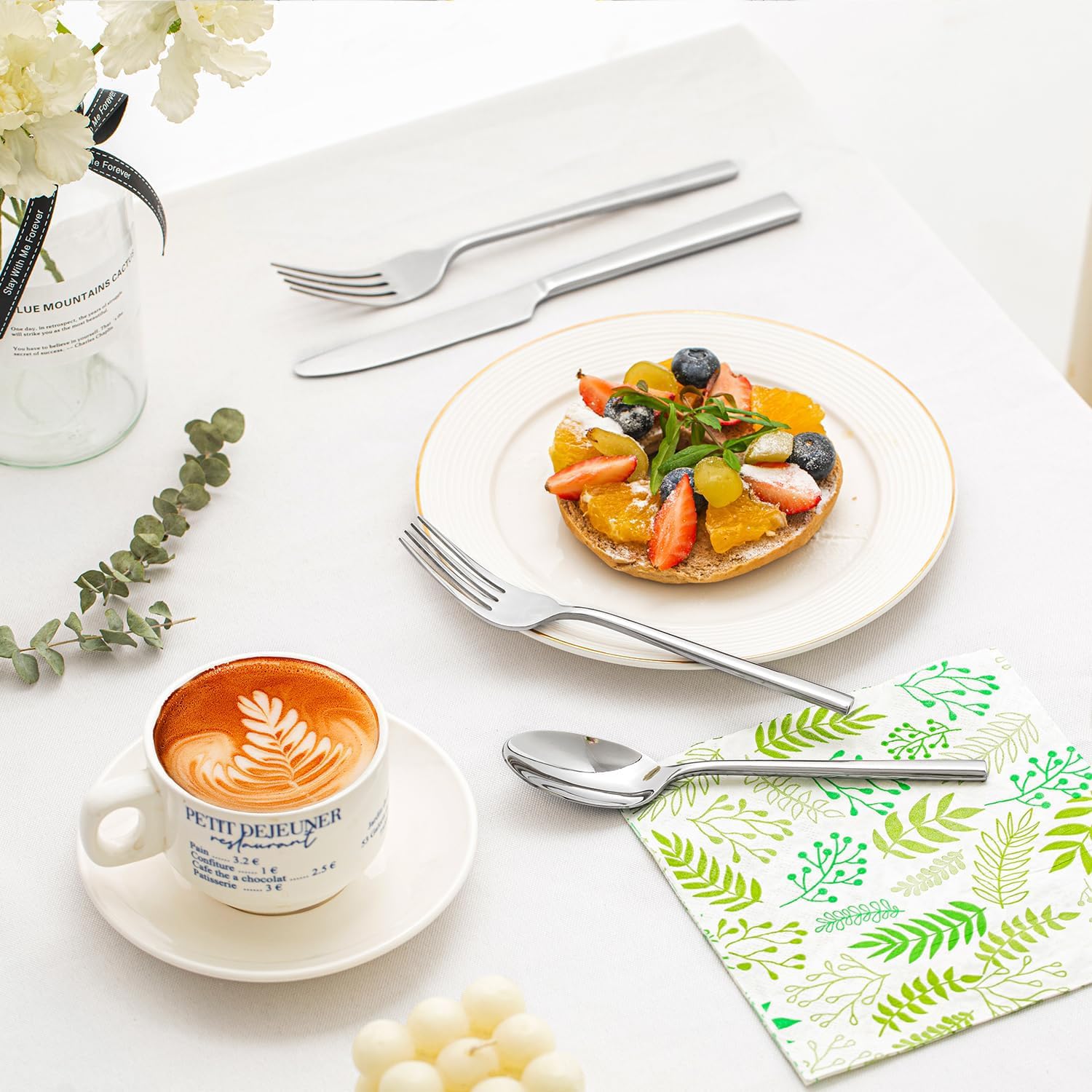 HIKAA Edelstahl Besteck Set 12 Personen, 60-Teilig Geschmiedetes Essbesteck | Premium-Edelstahl 18/10 Besteck für Haushalt, Hochzeit, Party, Cutlery Set Hochglanzpoliert und Spülmaschinenfest(Silber)