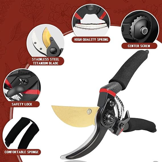 Premium Titanium Garden Secateurs - Professional Bypass Pruning Shears Hand Pruners, Garden Clip, Hedge Shears for Plants, Hedges, and Flowers