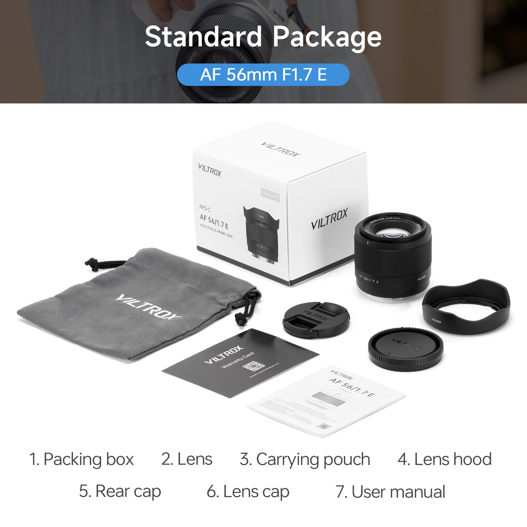 Obiettivo AF VILTROX 56mm F1.7 f/1.7 per attacco Sony E, obiettivo APS-C Prime ad ampia apertura compatibile con fotocamere Sony E-Mount Alpha a7cr a7cii a7c a6700 zv-e100 a6600 a6400 a7iv a7iii