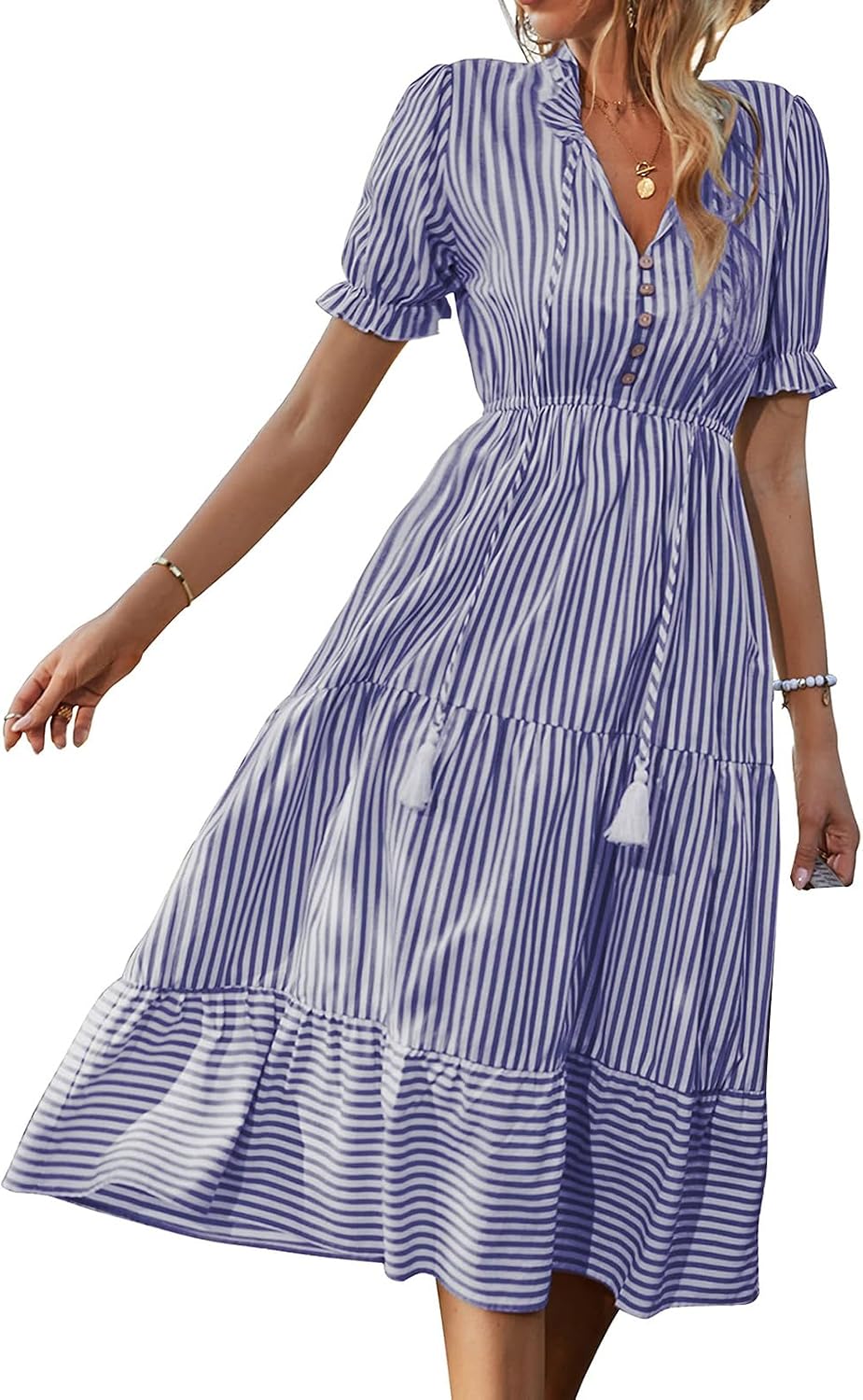 Womens Puff Sleeve Button Down Dress V Neck Stripe High Waist Dresses Tiered Ruffle Hem Dress Loose Midi Sundress