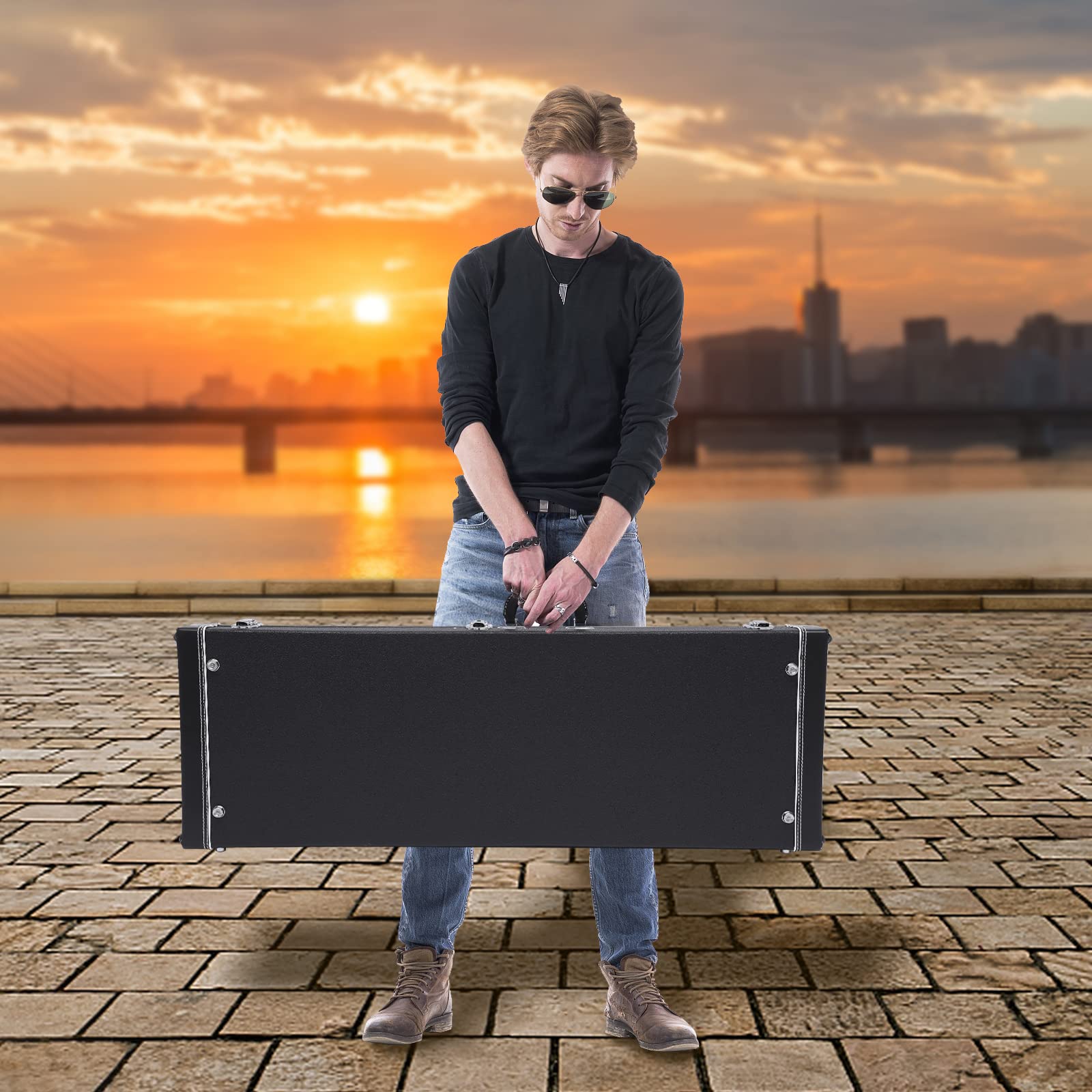 Funda rígida para guitarra eléctrica, color negro, funda rígida rectangular con llave, estuche de transporte para la mayoría de guitarras eléctricas, como clase ST, Tele, Fender y Ebenezer