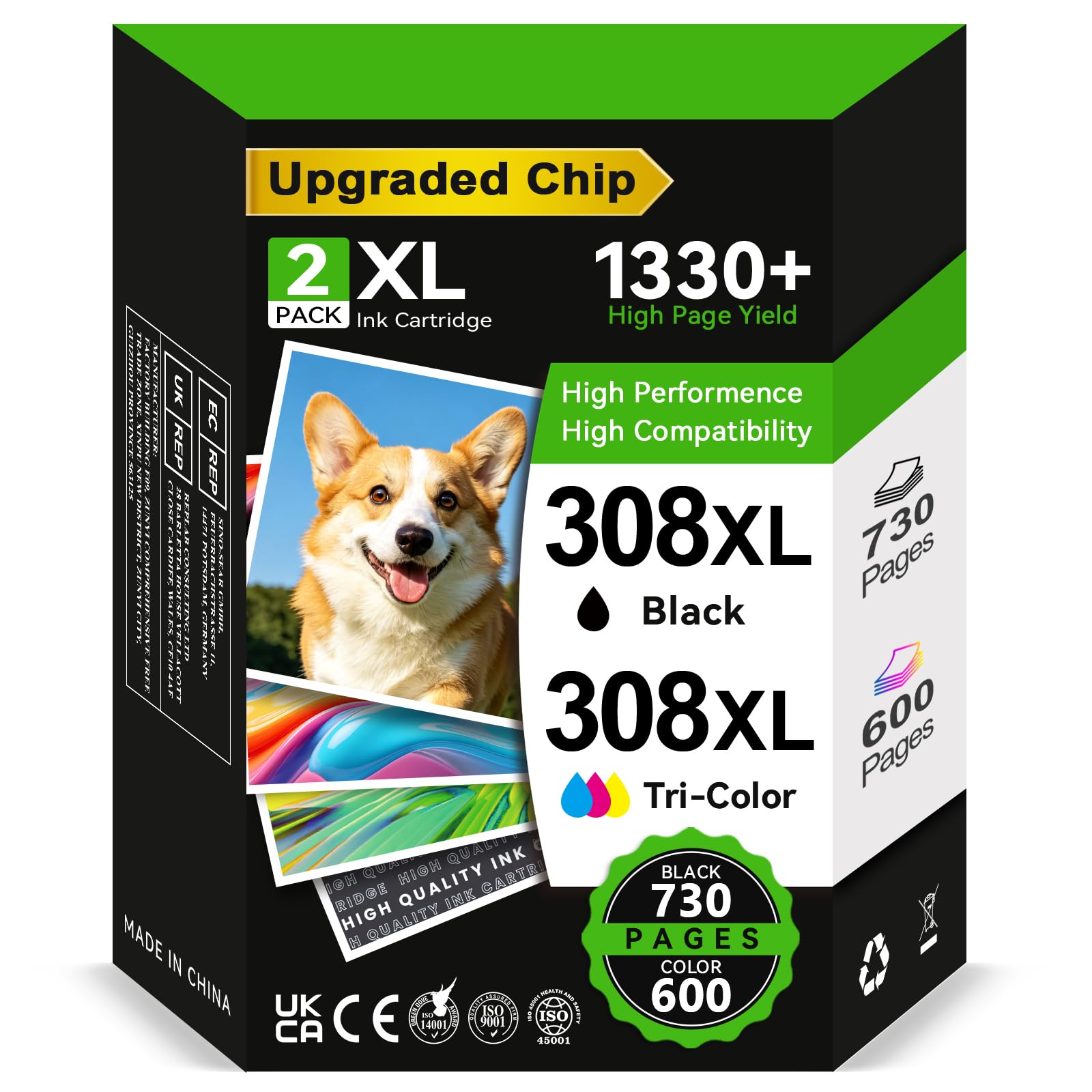 ECOINKO Encre 308XL BK+CMY - 1330+ Pages, Remplacement pour Cartouche HP 308 Noir et Couleur Originales, Encre Imprimante 308 XL pour HP Envy 6100e 6120e 6122e 6132e 6152e 6520e Deskjet 2910 2920 2921