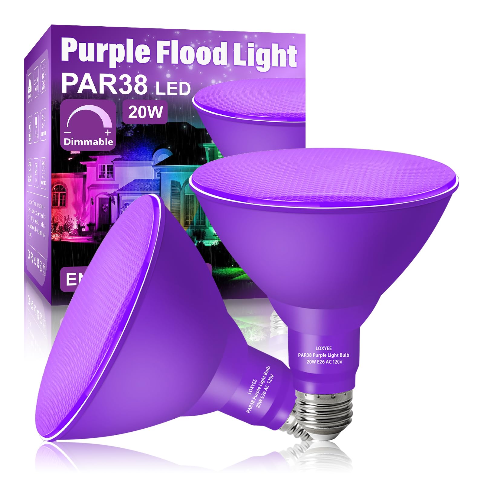 LOXYEE PAR38 Flood Purple Light Bulbs,2 Pack Dimmable,E26 Base LOXYEE PAR38 Flood Purple Light Bulbs,2 Pack Dimmable,E26 Base