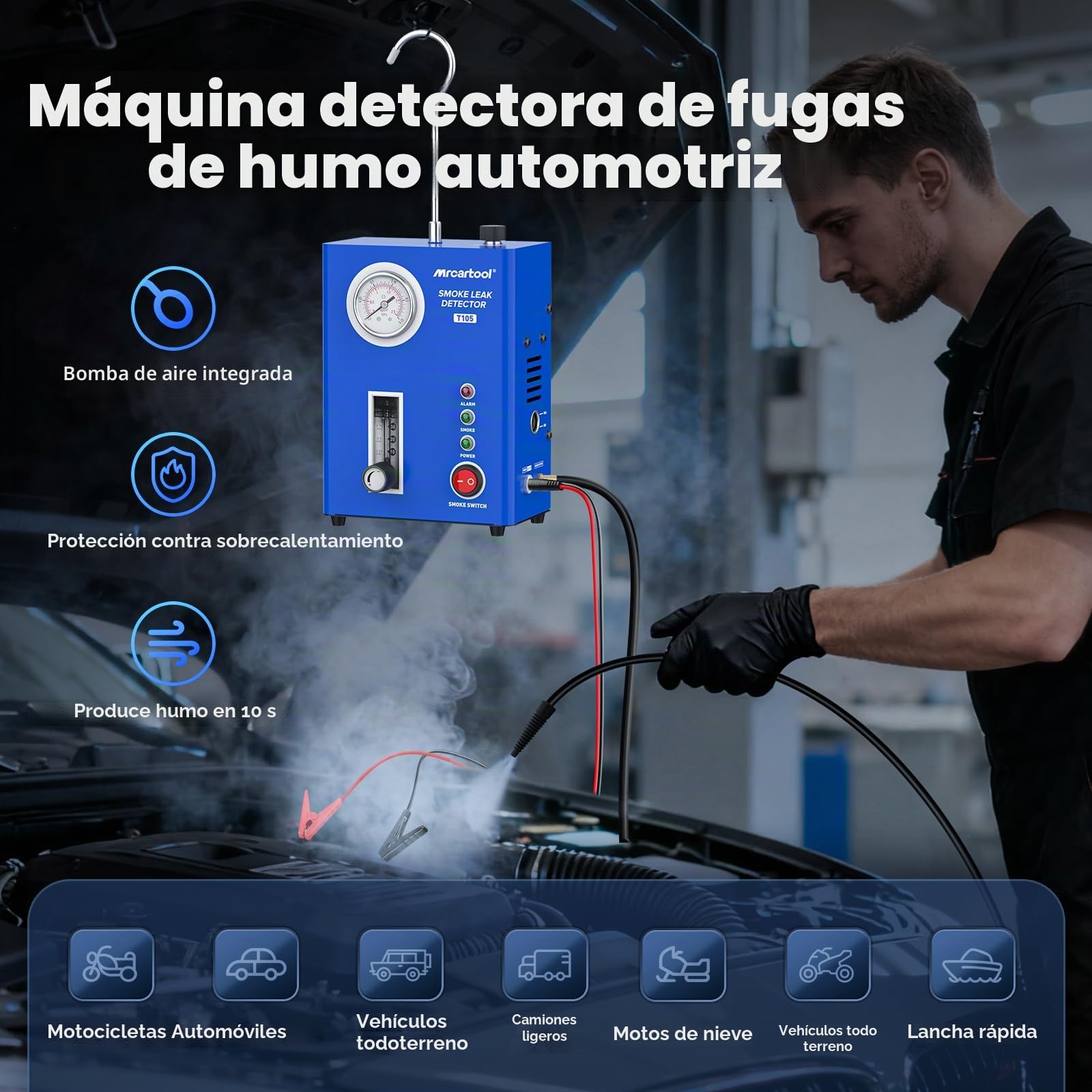 PLAYOCCAR Máquina de Humo, detección de Fugas automática, EVAP con Bomba de Aire integrada y manómetro, 12 V para tuberías, Fugas de Combustible y vacío, Todos los Coches.