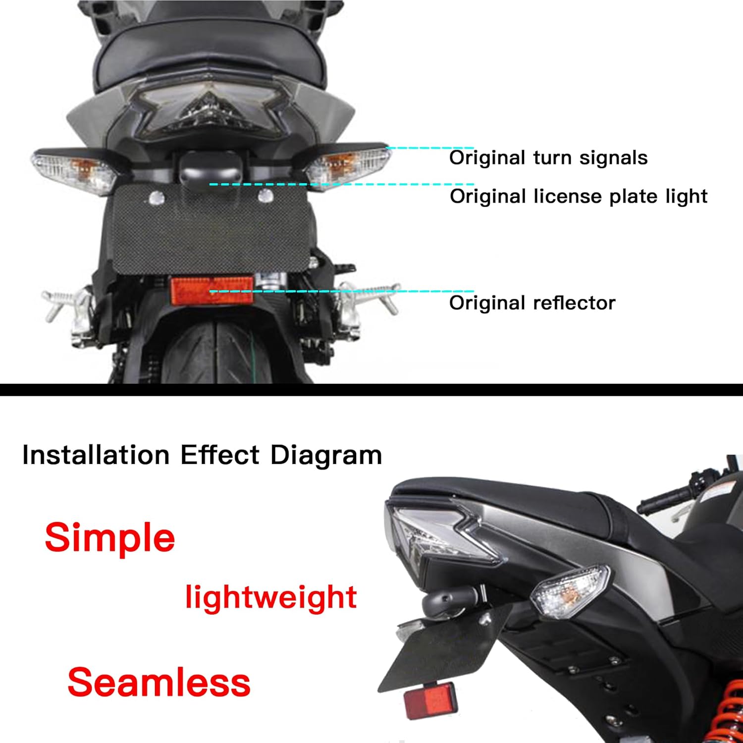 Motorcycle Tidy Tail Fender Eliminator License Plate Bracket Holder Fit for Kawasaki Z125 Z 125 Pro 2017-2024-2025 Compatible with OEM Turn Signal Light & License Plate Light