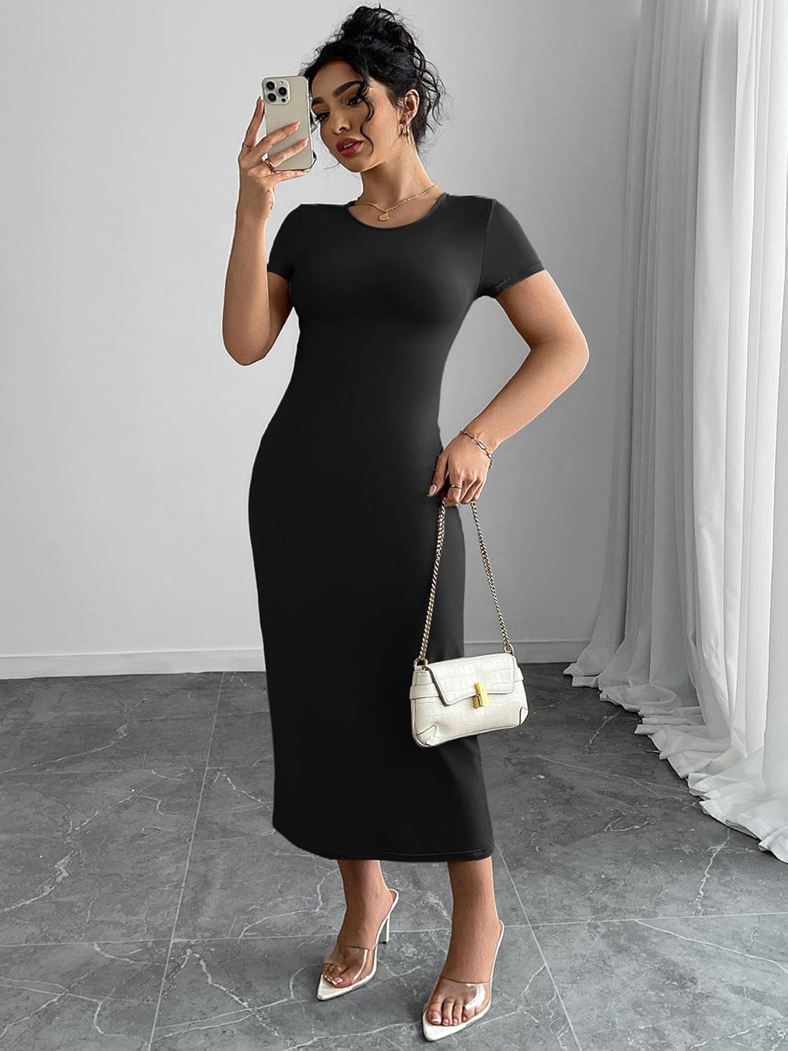 Women's Plus Size Dress Summer Short Sleeve Bodycon Maxi Dress Casual Solid Round Neck Dress for Daily Wear Black - Image 5