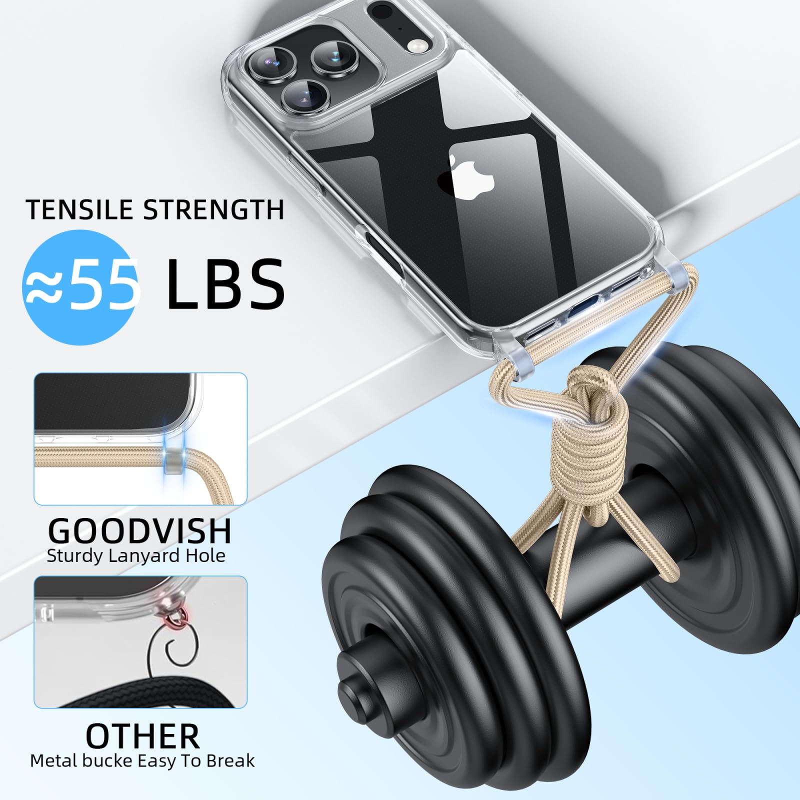 GOODVISH Cover Trasparente con Cordino per iPhone 17 Pro Max, Custodia con Regolabile Collana per iPhone 17 Pro Max 6.9", [Antiurto] [AntiGraffio] [Antiscivolo] Case con Laccio Tracoll,Color Crema