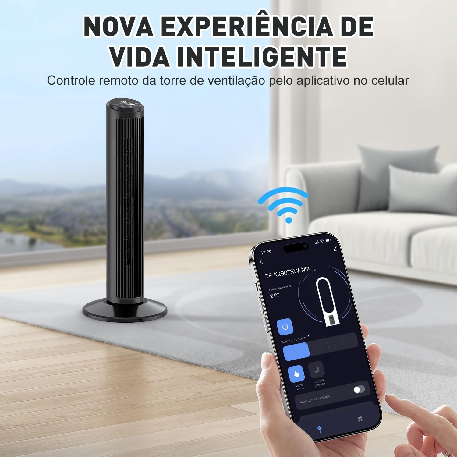 Hivento Ventilador de Torre Inteligente, alta Velocidade de 6,2 m/s, Oscilação de 70°, 3 Velocidades, 3 Modos, Controle Remoto/Por Toque/APP, Temporizador de 12H Hivento Ventilador de Torre Inteligente, alta Velocidade de 6,2 m/s, Oscilação de 70°, 3 Velocidades, 3 Modos, Controle Remoto/Por Toque/APP, Temporizador de 12H