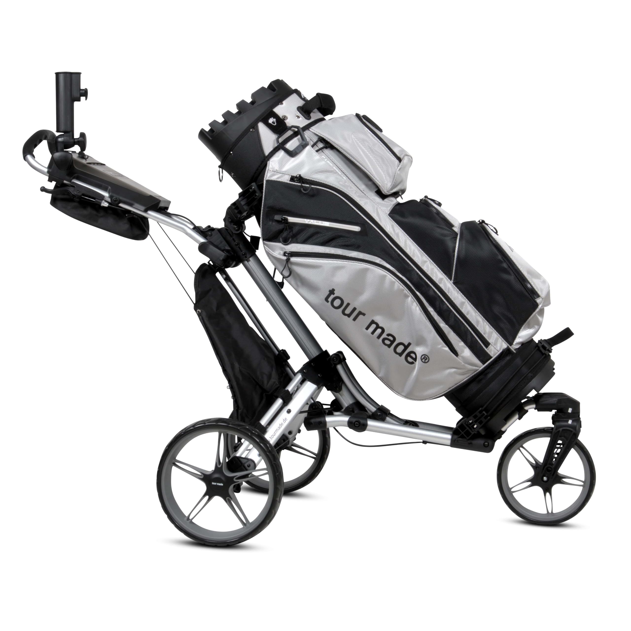 tour made RT-140/150 & 160 Golf Trolley klappbar I Push Golftrolley 3 Rad I Robuster Alu-Rahmen - Zuladung sogar bis 25kg I Deutsche Markenqualität I viel Zubehör inklusive