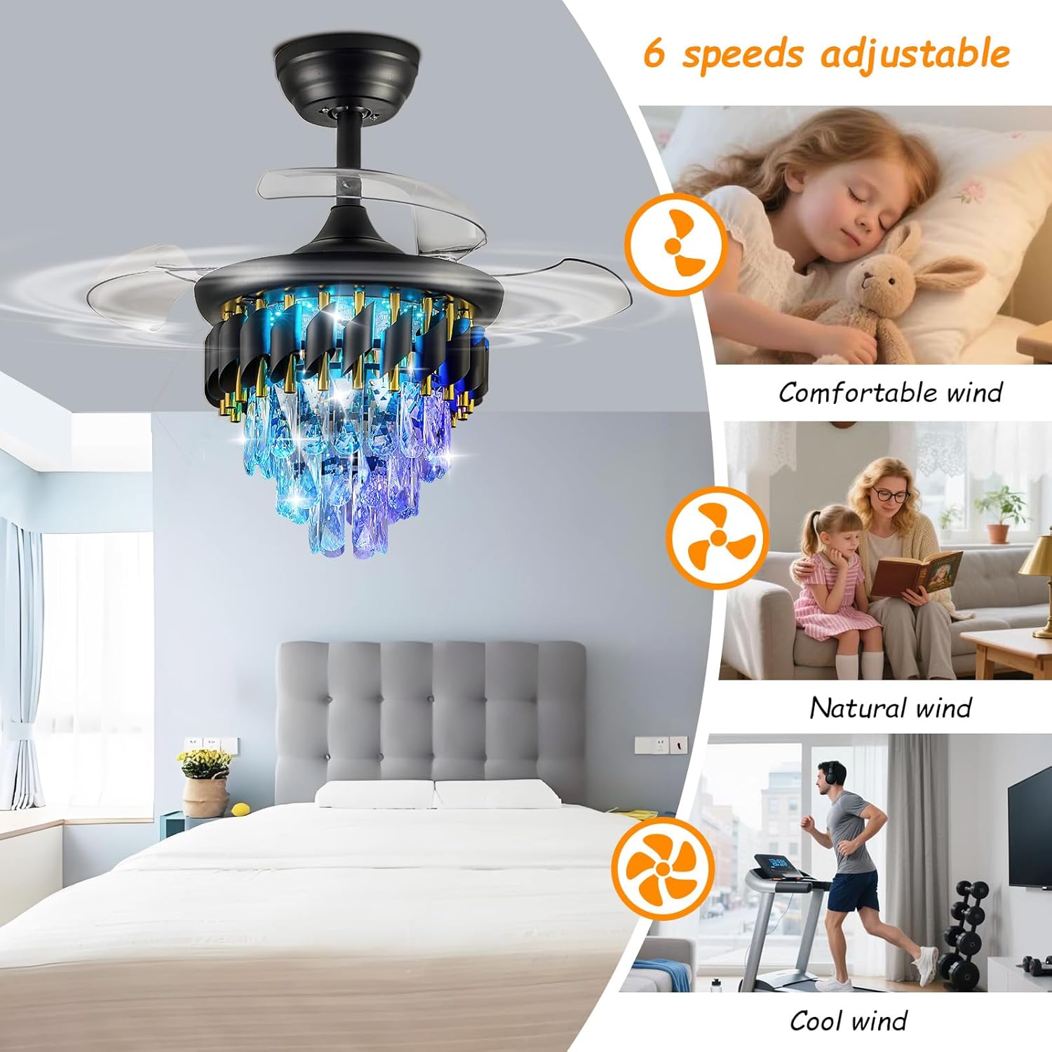 30" RGB Retractable Crystal Ceiling Fan with Lights Remote APP Control,6-Speed Reversible Blades, Invisible Fandelier for Bedroom Black