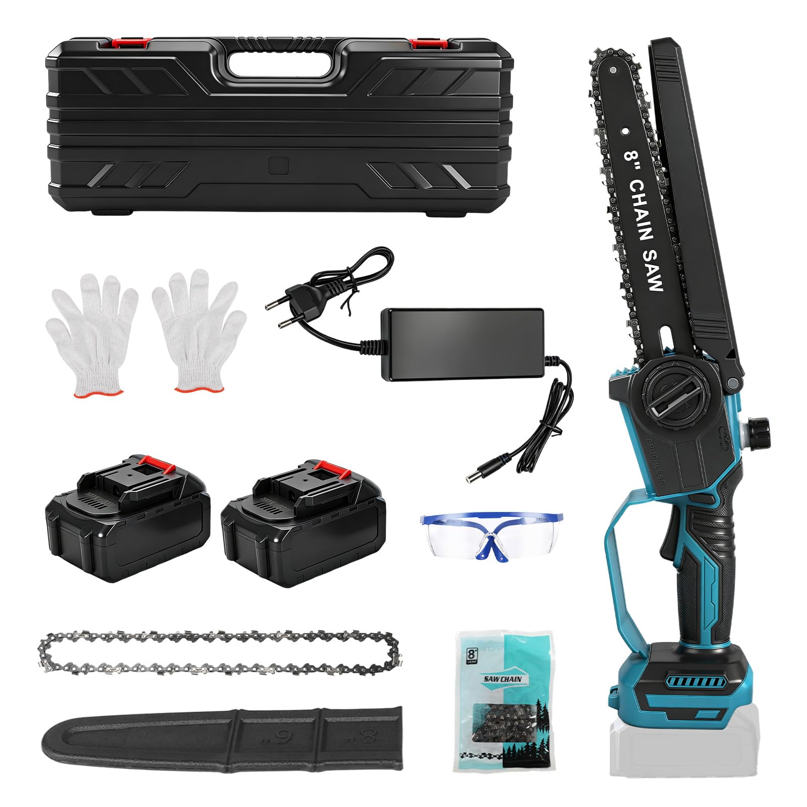 Motosierra 8 Pulgadas, Motor sin Escobillas de Motosierra con 2 baterías 4000 mAh, Sierra de Poda Pequeña con Lubricación Automática de Cadena y Tensado de Cadena sin Herramientas