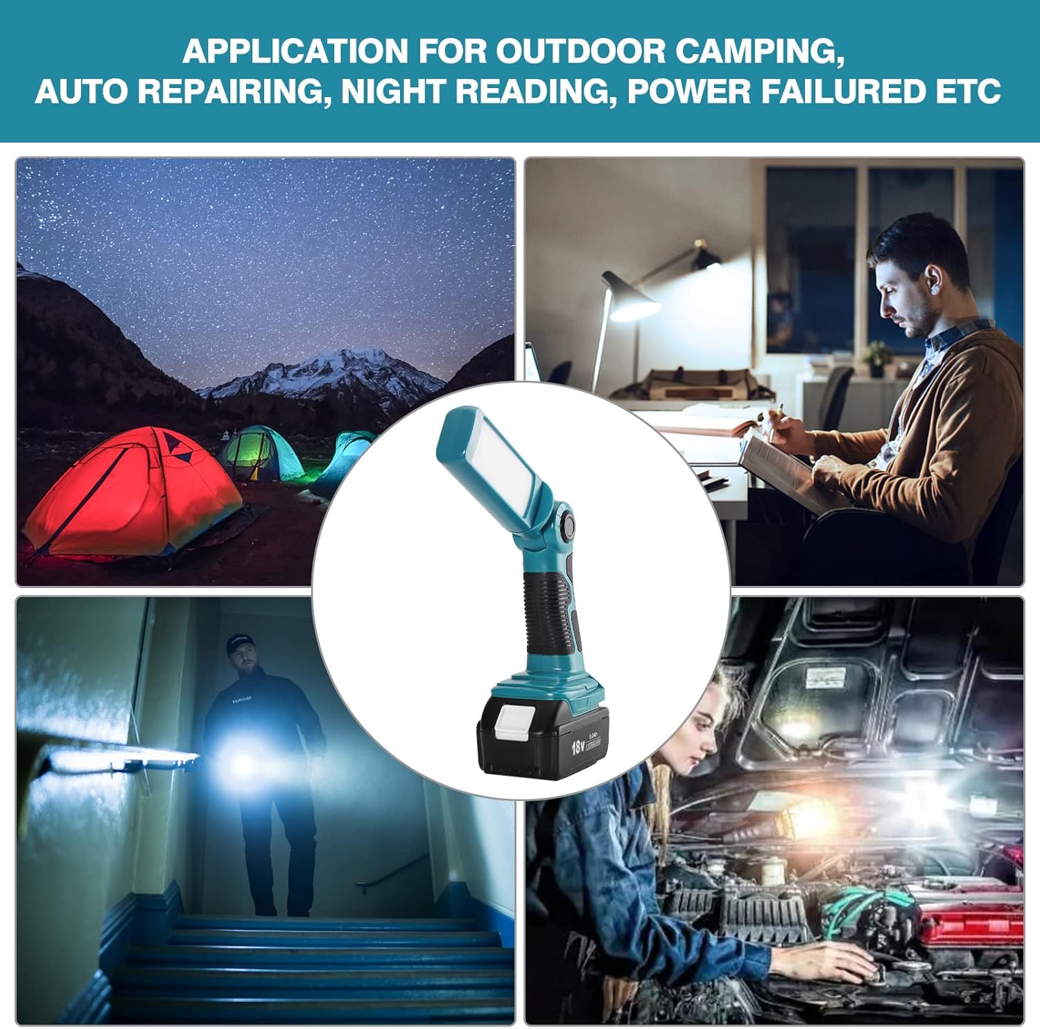 YEX-BUR 12W 1000LM LED Flashlight Work Light for Makita 18V Battery, Jobsite Handheld Spotlight Desk Lamp with 5V 2.1A USB Port, 90 Degree Pivoting Head