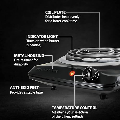 Miniatura 2 de OVENTE - Quemador eléctrico de sobremesa individual, estufa de 1000W con placa caliente de bobina de acero inoxidable de 6", control de temperatura